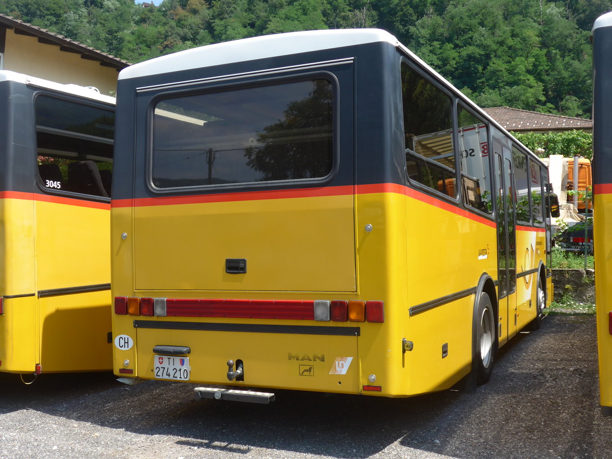 (208'046) - Merzaghi, Maroggia - TI 274'210 - MAN/Lauber (ex AutoPostale Ticino Nr. 303; ex P 23'024) am 21. Juli 2019 in Maroggia, Garage