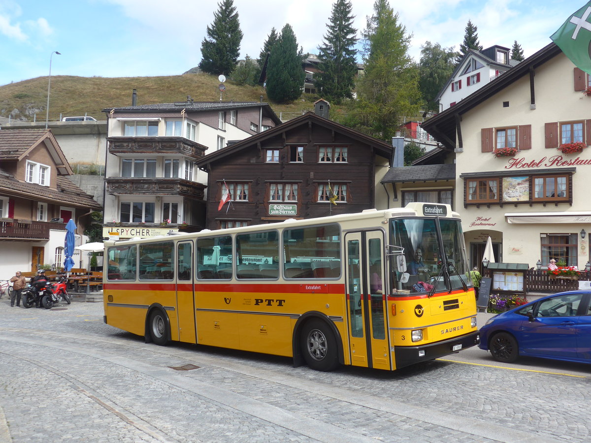 (209'761) - Kolb, Grasswil - Nr. 3/BE 93'915 - Saurer/R&J (ex Schmocker, Stechelberg Nr. 3; ex Schmocker, Stechelberg Nr. 1; ex Gertsch, Stechelberg Nr. 1) am 22. September 2019 in Andermatt, Gotthardstrasse