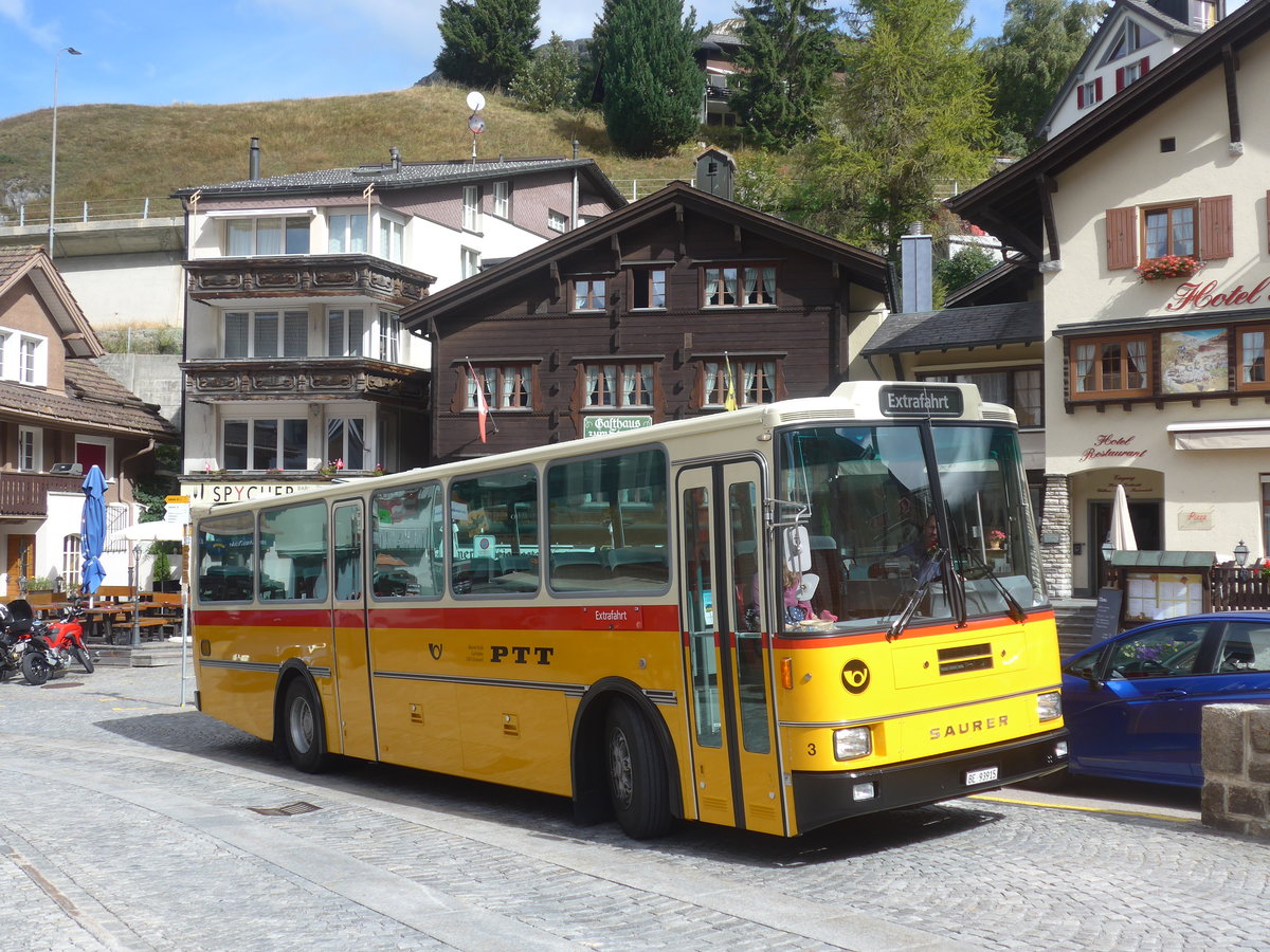 (209'764) - Kolb, Grasswil - Nr. 3/BE 93'915 - Saurer/R&J (ex Schmocker, Stechelberg Nr. 3; ex Schmocker, Stechelberg Nr. 1; ex Gertsch, Stechelberg Nr. 1) am 22. September 2019 in Andermatt, Gotthardstrasse