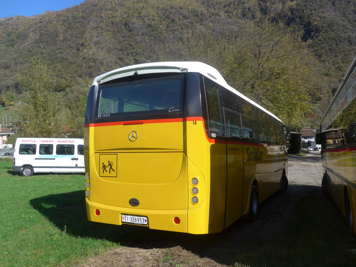 (210'576) - ATV, Rivera - Nr. 14/TI 326'913 - Mercedes/UNVI (ex AutoPostale Ticino) am 26. Oktober 2019 in Rivera, Garage