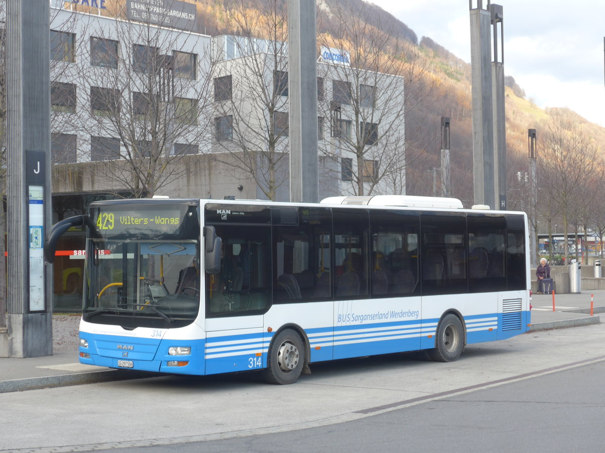 (212'656) - BSW Sargans - Nr. 314/SG 297'506 - MAN/Gppel am 7. Dezember 2019 beim Bahnhof Sargans