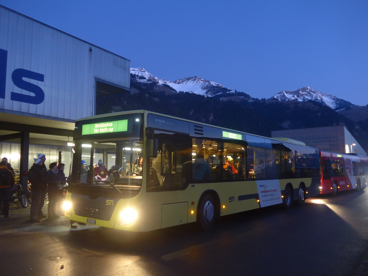 (213'449) - STI Thun - Nr. 147/BE 801'147 - MAN am 11. Januar 2020 beim Bahnhof Frutigen