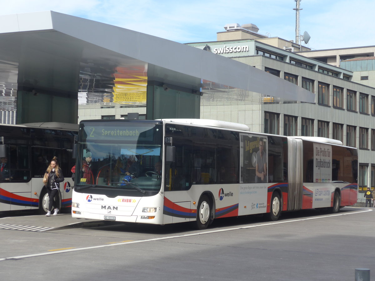 (214'645) - RVBW Wettingen - Nr. 166/AG 60'318 - MAN am 20. Februar 2020 beim Bahnhof Baden