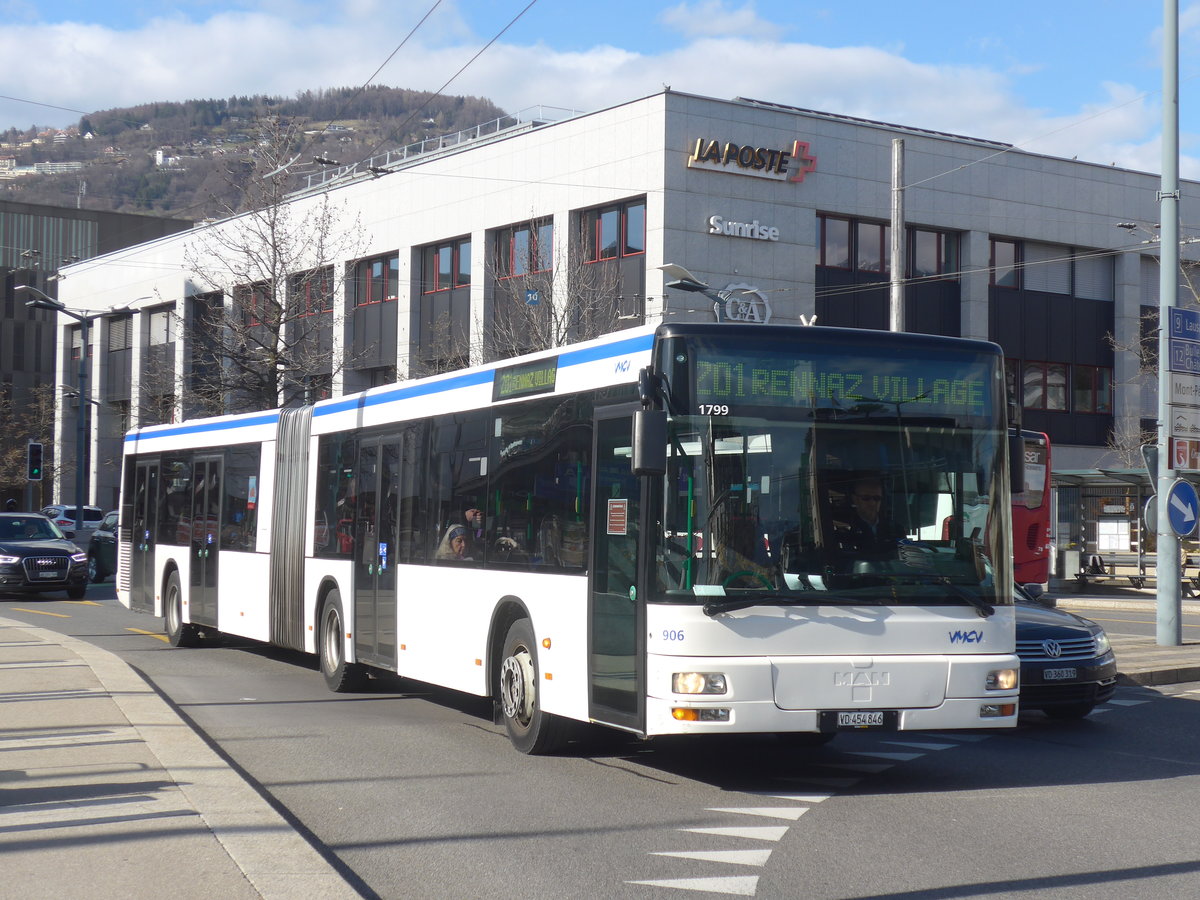 (215'174) - VMCV Clarens - Nr. 906/VD 454'846 - MAN (ex transN, La Chaux-de-Fonds Nr. 243; ex TN Neuchtel Nr. 243) am 14. Mrz 2020 beim Bahnhof Vevey