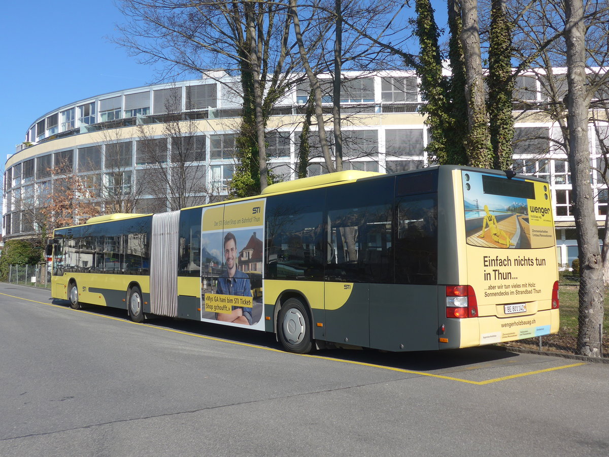 (215'284) - STI Thun - Nr. 142/BE 801'142 - MAN am 18. Mrz 2020 bei der Schifflndte Thun