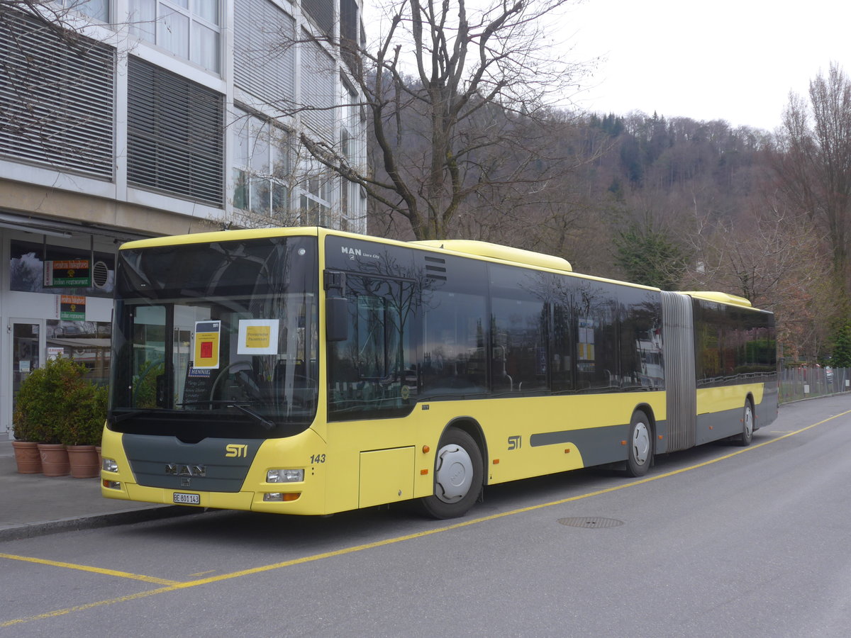 (215'358) - STI Thun - Nr. 143/BE 801'143 - MAN am 22. Mrz 2020 bei der Schifflndte Thun