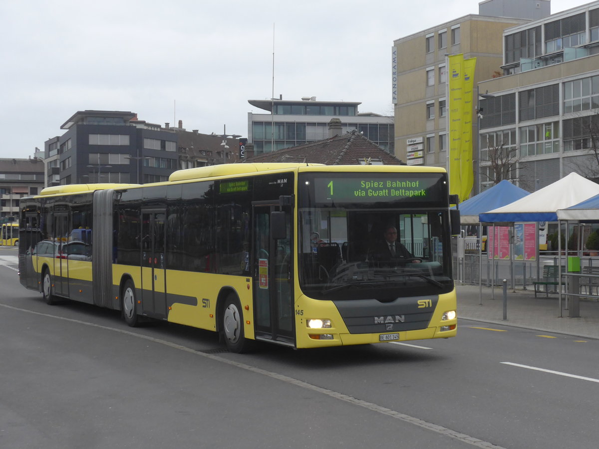 (215'360) - STI Thun - Nr. 145/BE 801'145 - MAN am 22. Mrz 2020 beim Bahnhof Thun