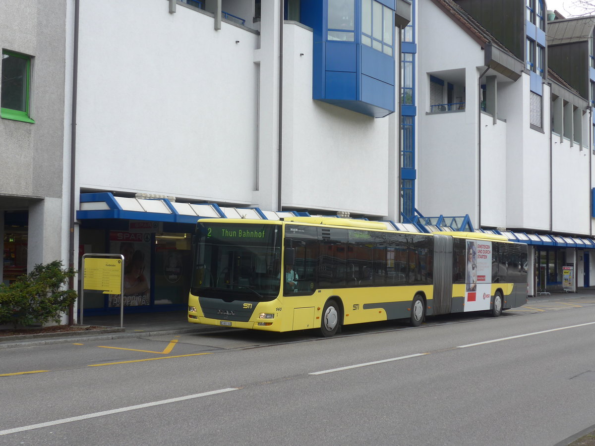 (215'689) - STI Thun - Nr. 140/BE 801'140 - MAN am 30. Mrz 2020 in Thun, Postbrcke