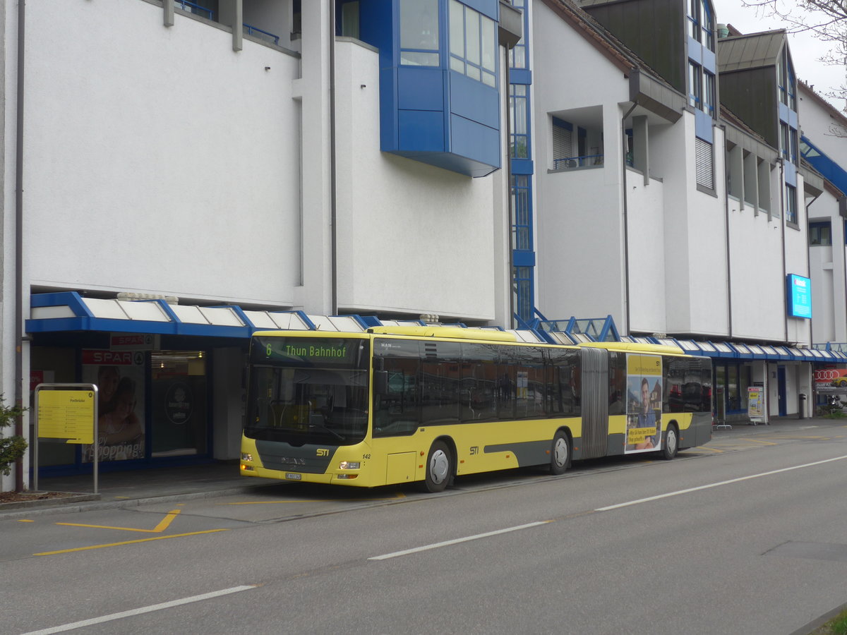 (215'691) - STI Thun - Nr. 142/BE 801'142 - MAN am 30. Mrz 2020 in Thun, Postbrcke