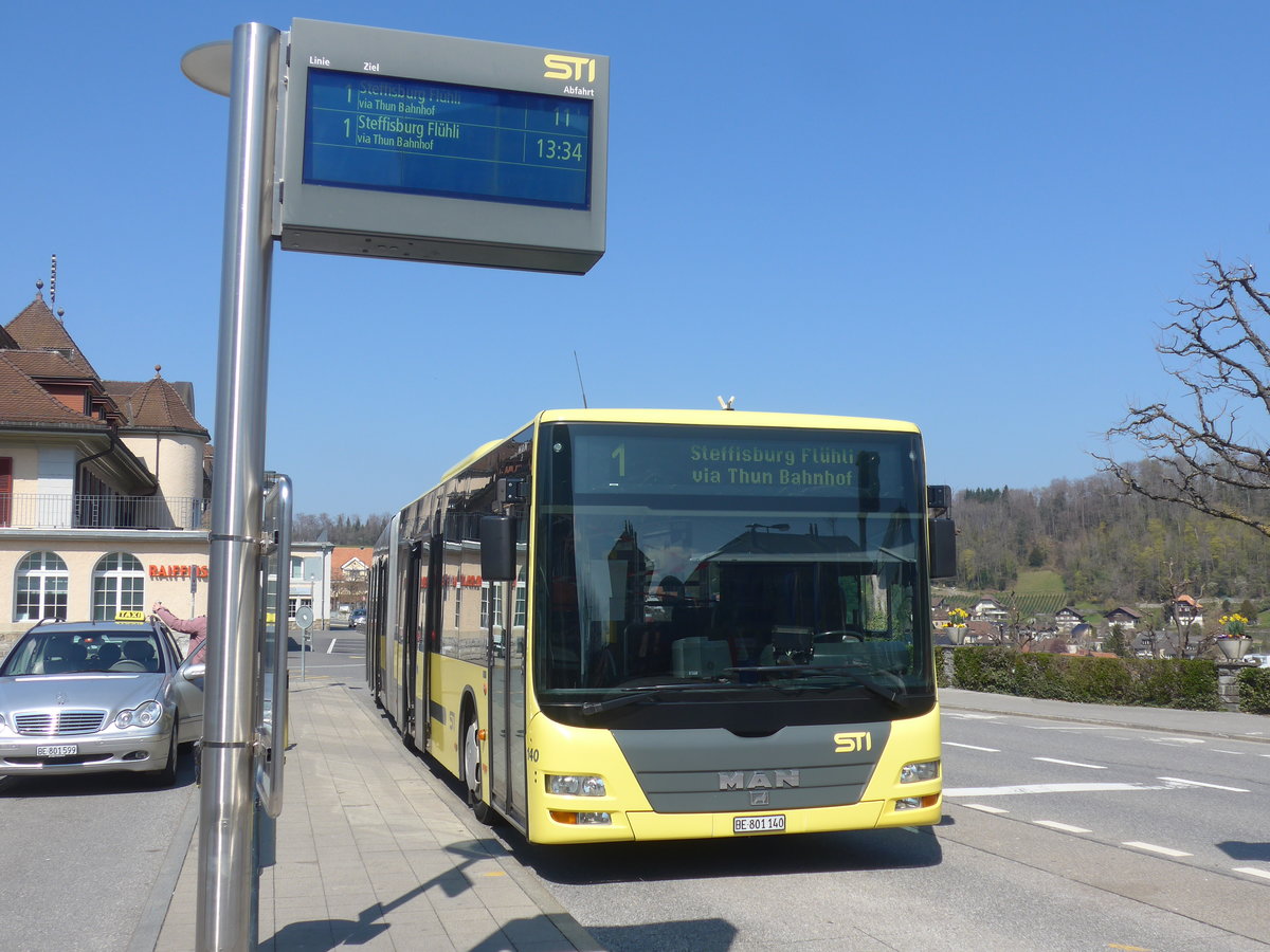 (215'785) - STI Thun - Nr. 140/BE 801'140 - MAN am 2. April 2020 beim Bahnhof Spiez