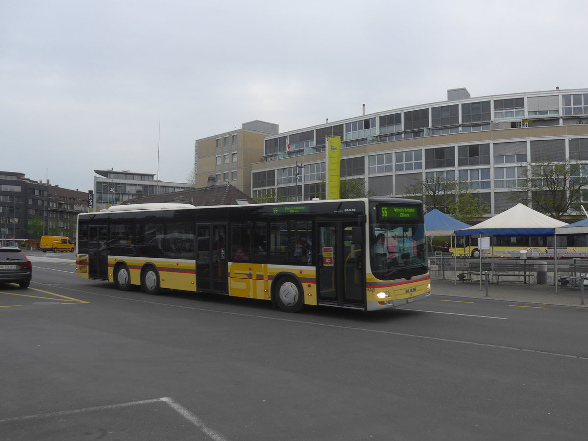 (216'297) - STI Thun - Nr. 138/BE 801'138 - MAN am 21. April 2020 beim Bahnhof Thun