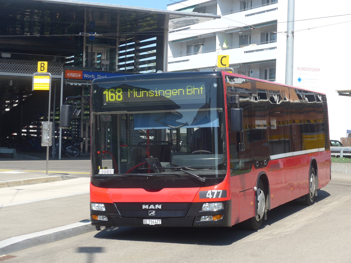 (216'354) - Bernmobil, Bern - Nr. 477/BE 716'477 - MAN/Gppel (ex Peyer, Niederwangen Nr. 377) am 22. April 2020 beim Bahnhof Worb Dorf