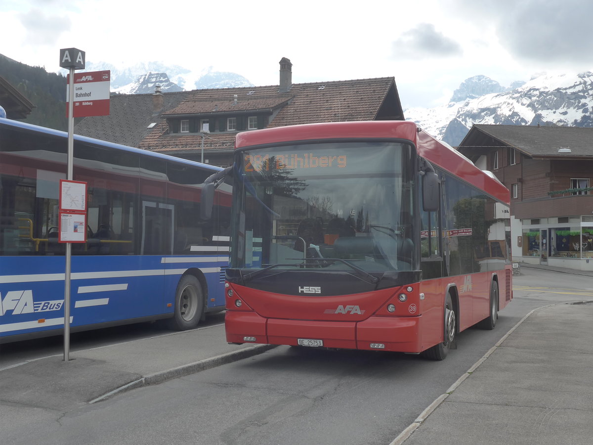 (216'479) - AFA Adelboden - Nr. 39/BE 25'753 - Scania/Hess am 26. April 2020 beim Bahnhof Lenk