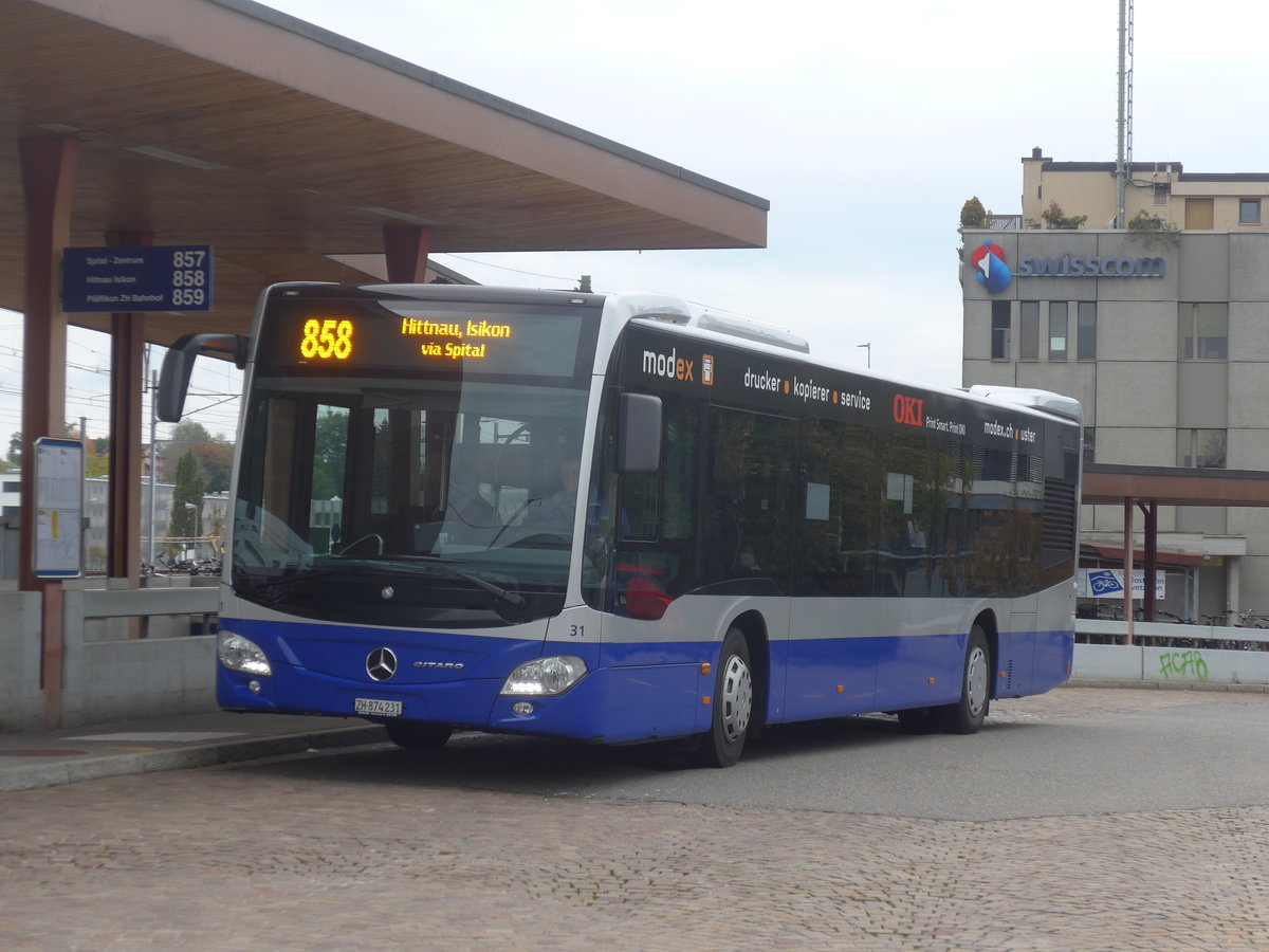 (221'894) - VZO Grningen - Nr. 31/ZH 874'231 - Mercedes am 12. Oktober 2020 beim Bahnhof Wetzikon