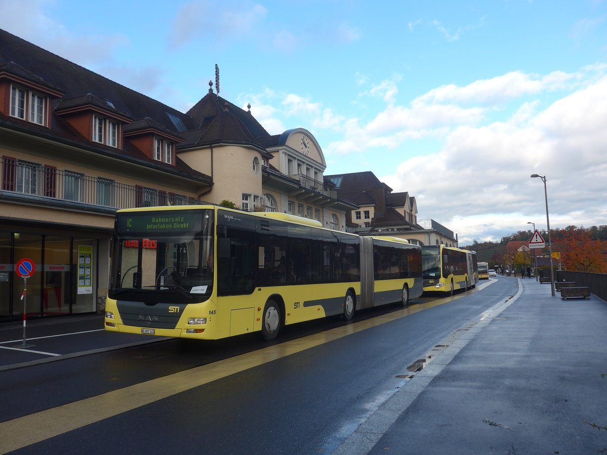 (222'577) - STI Thun - Nr. 145/BE 801'145 - MAN am 24. Oktober 2020 beim Bahnhof Spiez