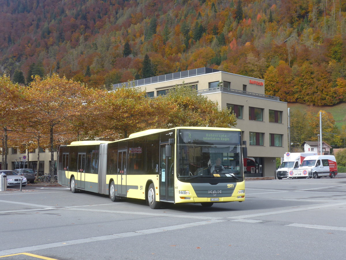 (222'628) - STI Thun - Nr. 145/BE 801'145 - MAN am 24. Oktober 2020 beim Bahnhof Interlaken Ost