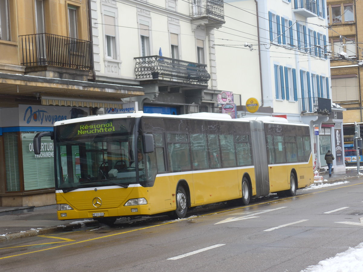 (224'168) - Interbus, Yverdon - Nr. 205/NE 231'205 - Mercedes (ex Twerenbold, Baden Nr. 19; ex Steffen, Remetschwil Nr. 95; ex PostAuto Nordschweiz) am 14. Mrz 2021 beim Bahnhof La Chaux-de-Fonds (Einsatz CarPostal)