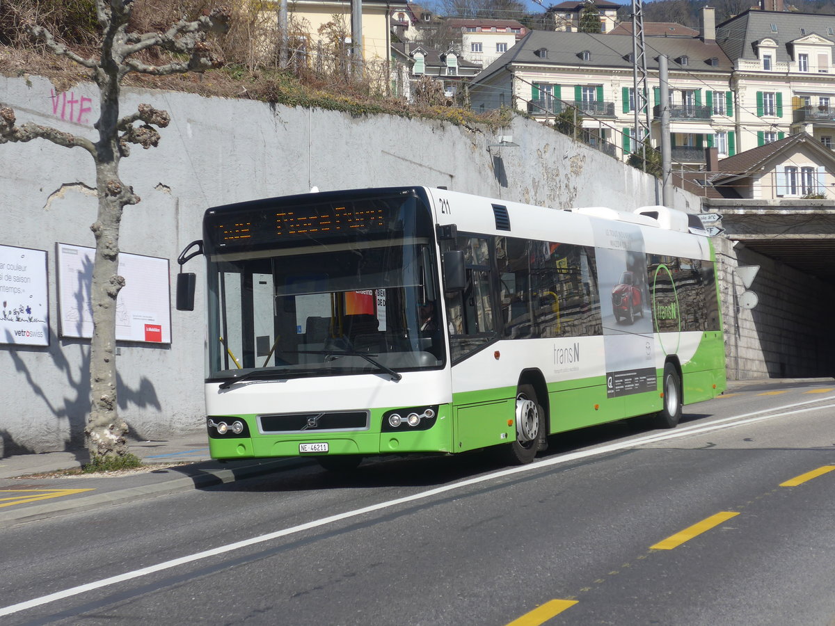 (224'577) - transN, La Chaux-de-Fonds - Nr. 211/NE 46'211 - Volvo (ex TN Neuchtel Nr. 211) am 29. Mrz 2021 in Neuchtel, Avenue de la Gare