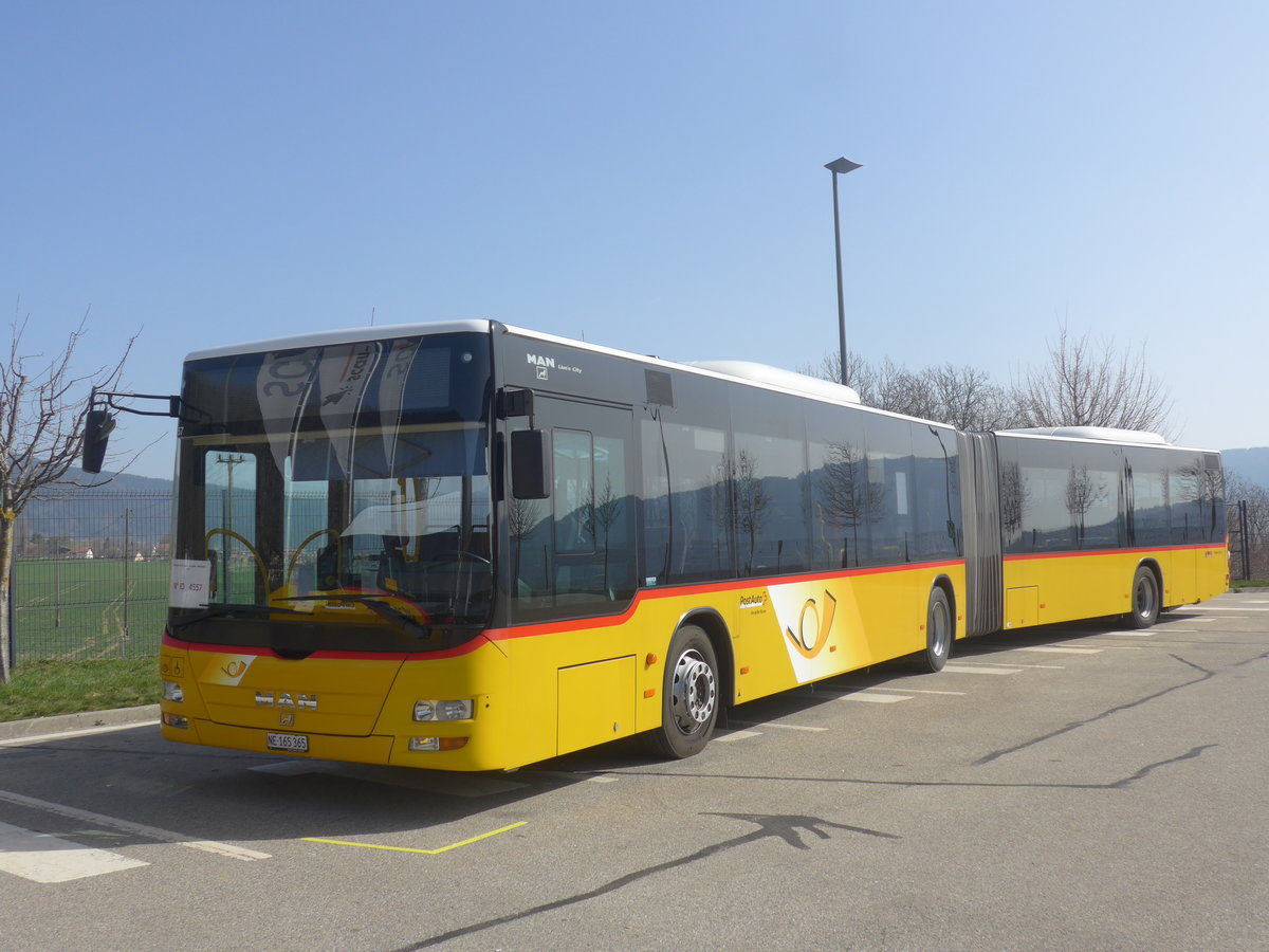 (224'689) - PostAuto Bern - Nr. 664/NE 165'365 - MAN (ex BE 656'301) am 2. April 2021 in Boudevilliers, SCAN-ne (Einsatz CarPostal)