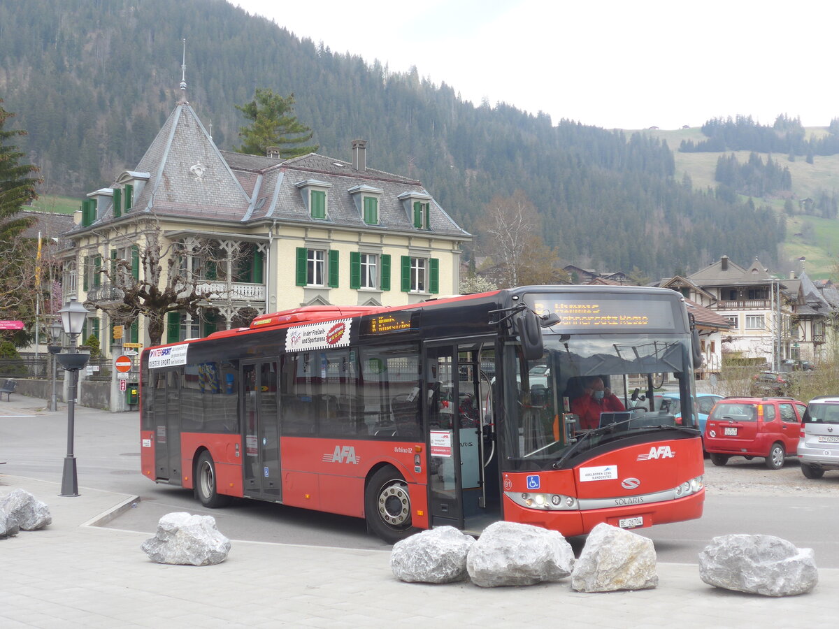 (225'267) - AFA Adelboden - Nr. 91/BE 26'704 - Solaris am 27. April 2021 beim Bahnhof Zweisimmen