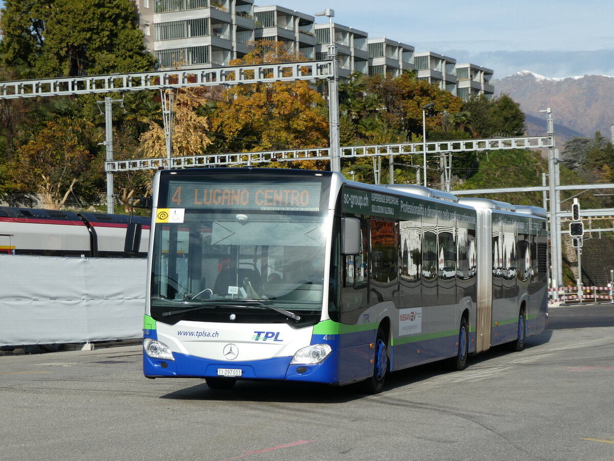 (230'316) - TPL Lugano - Nr. 444/TI 297'011 - Mercedes am 10. November 2021 beim Bahnhof Lugano