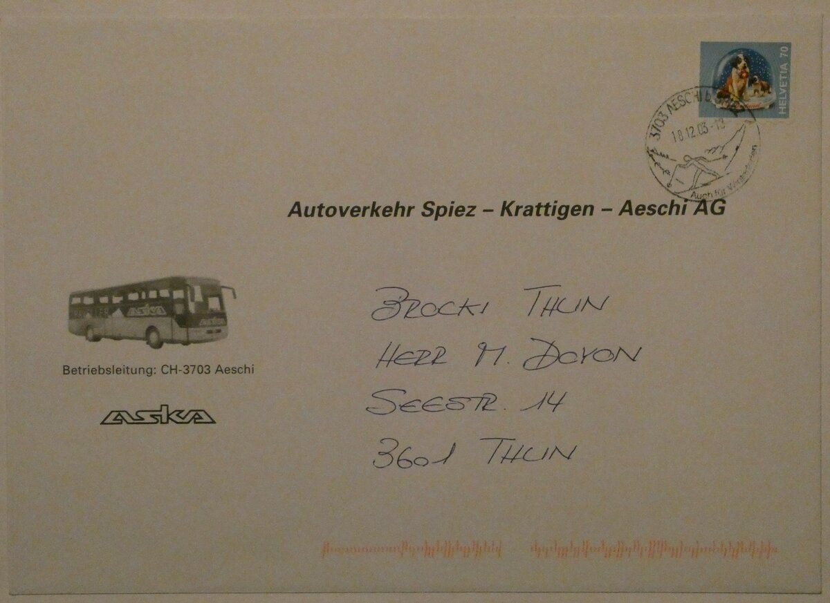 (233'067) - ASKA-Briefumschlag vom 18. Dezember 2003 am 22. Februar 2022 in Thun