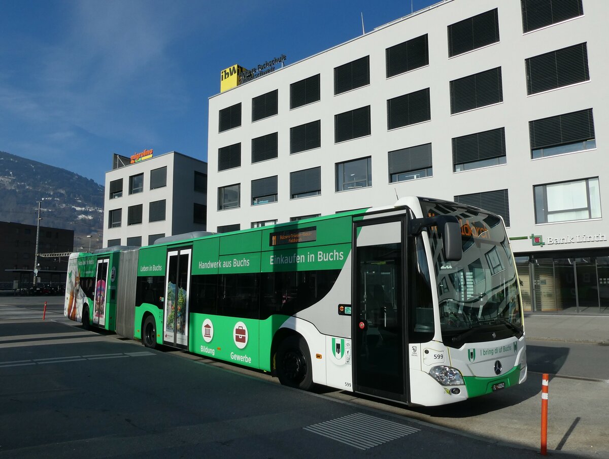 (233'506) - Aus Liechtenstein: BOS PS Anstalt, Vaduz - Nr. 599/FL 40'241 - Mercedes (ex PLA Vaduz Nr. 58; ex PLA Vaduz Nr. 56) am 8. Mrz 2022 beim Bahnhof Sargans