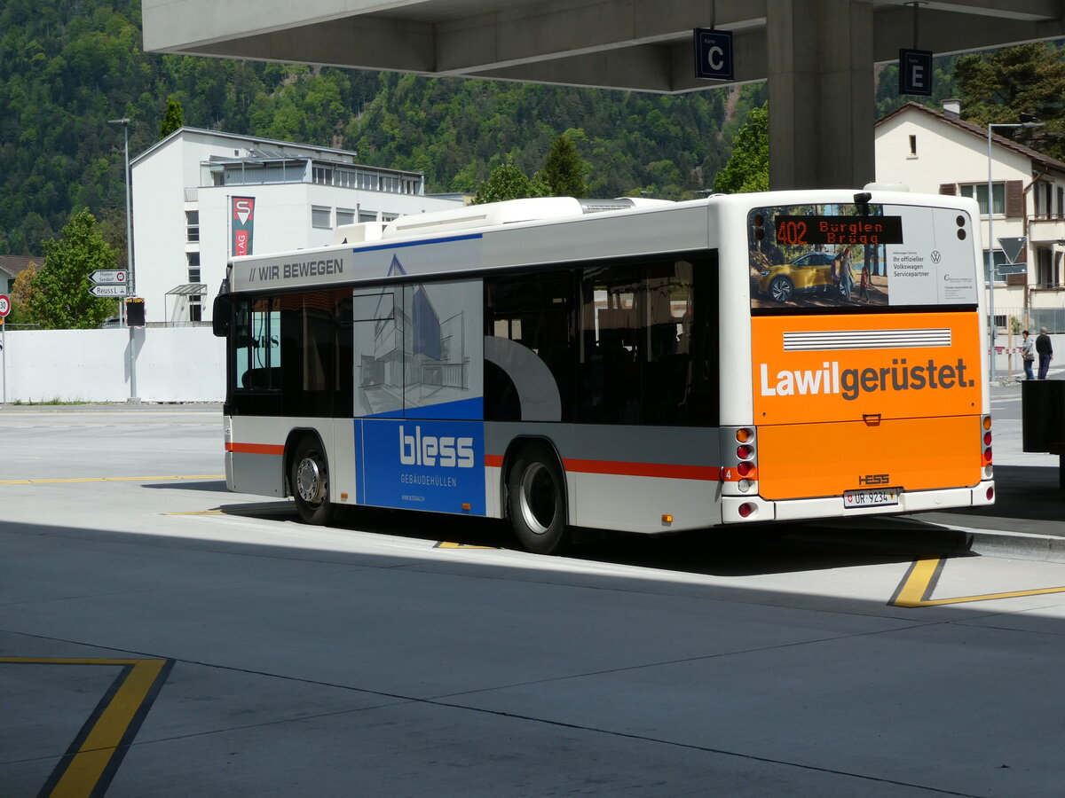 (235'476) - AAGU Altdorf - Nr. 4/UR 9234 - Scania/Hess am 8. Mai 2022 beim Bahnhof Altdorf