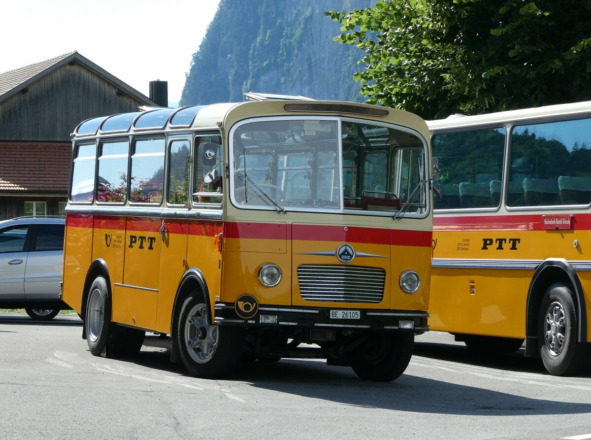 (237'556) - Schmid, Thrishaus - Nr. 9/BE 26'105 - Saurer/R&J (ex Geiger, Adelboden Nr. 9) am 26. Juni 2022 in Niederstocken, Gasthof zum Stockhorn