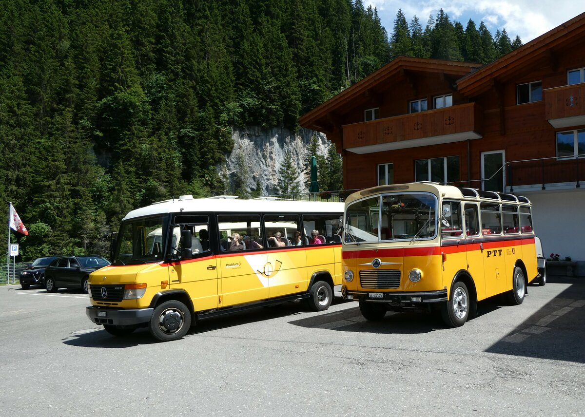 (237'641) - PostAuto Bern - BE 755'378 - Mercedes/Kusters + Schmid, Thrishaus - Nr. 9/BE 26'105 - Saurer/R&J (ex Geiger, Adelboden Nr. 9) am 26. Juni 2022 auf der Griesalp