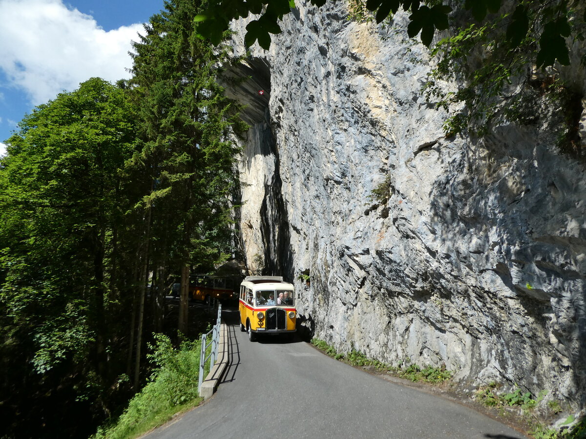 (237'669) - Schmid, Thrishaus - Nr. 3/BE 26'760 - Saurer/Gangloff (ex Geiger, Adelboden Nr. 3) am 26. Juni 2022 in Kiental, Aussichtsplattform