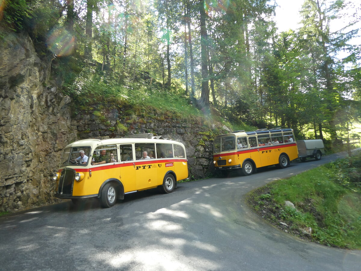 (237'678) - Schmid, Thrishaus - Nr. 3/BE 26'760 - Saurer/Gangloff (ex Geiger, Adelboden Nr. 3) + Nr. 9/BE 26'105 - Saurer/R&J (ex Geiger, Adelboden Nr. 9) am 26. Juni 2022 in Kiental, Hexenkessel