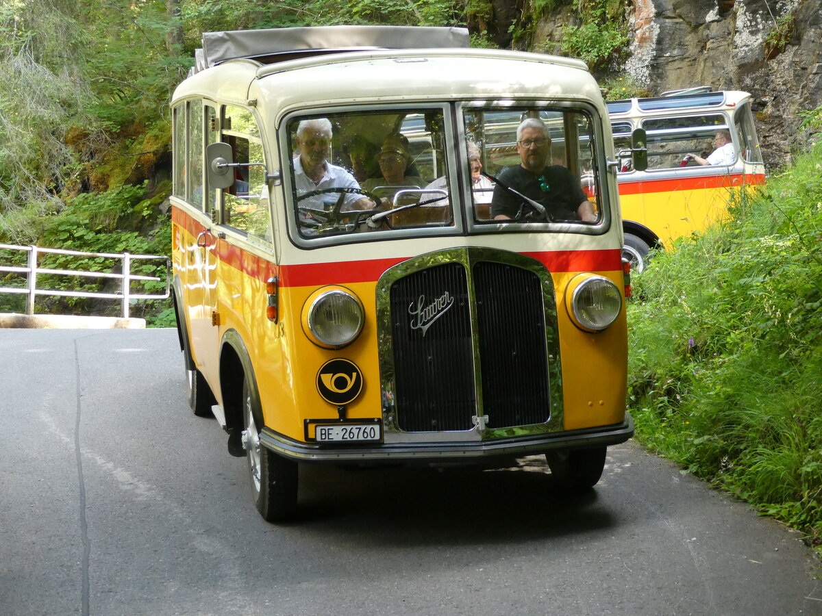 (237'682) - Schmid, Thrishaus - Nr. 3/BE 26'760 - Saurer/Gangloff (ex Geiger, Adelboden Nr. 3) am 26. Juni 2022 in Kiental, Hexenkessel