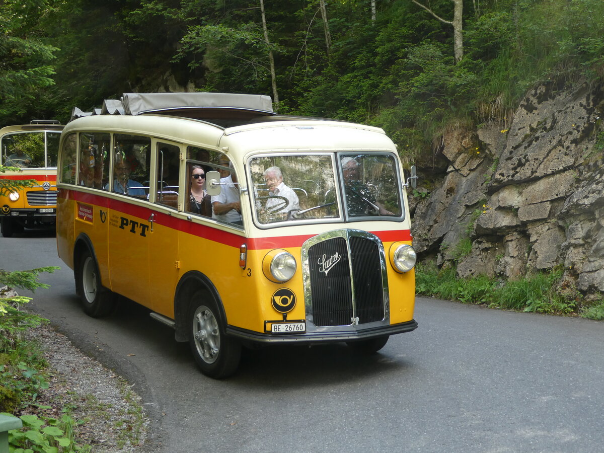 (237'685) - Schmid, Thrishaus - Nr. 3/BE 26'760 - Saurer/Gangloff (ex Geiger, Adelboden Nr., 3) am 26. Juni 2022 in Kiental, Hexenkessel