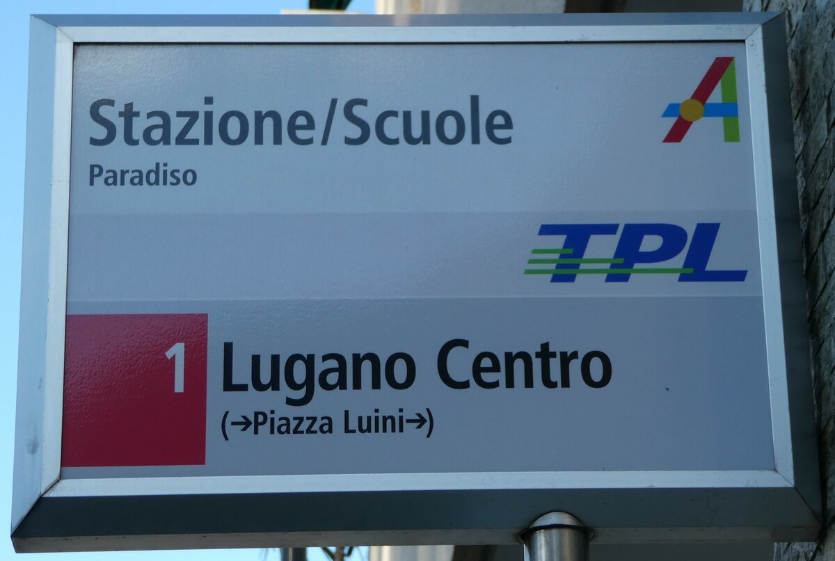 (242'823) - TPL-Haltestellenschild - Paradiso, Stazione/Scuole - am 16. November 2022