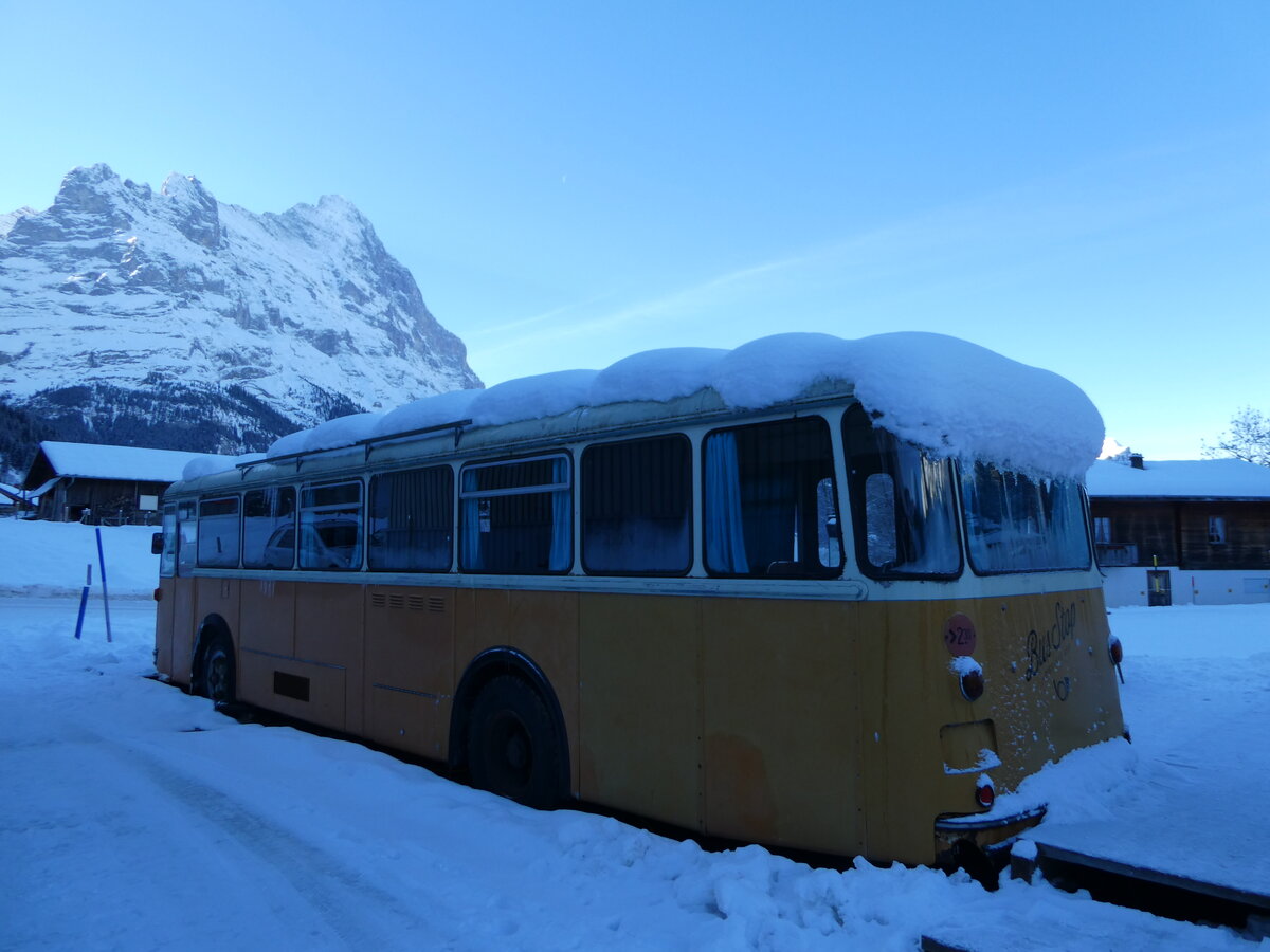 (243'990) - Bus Stop, Grindelwald - Nr. 5 - FBW/R&J (ex Schuler, Orpund; ex Tramverein, Bern; ex Meier, Studen; ex Schr, Aegerten; ex ABM Meinisberg Nr. 5; ex ABM Meinisberg Nr. 1) am 18. Dezember 2022 in Grindelwald, Steinacher