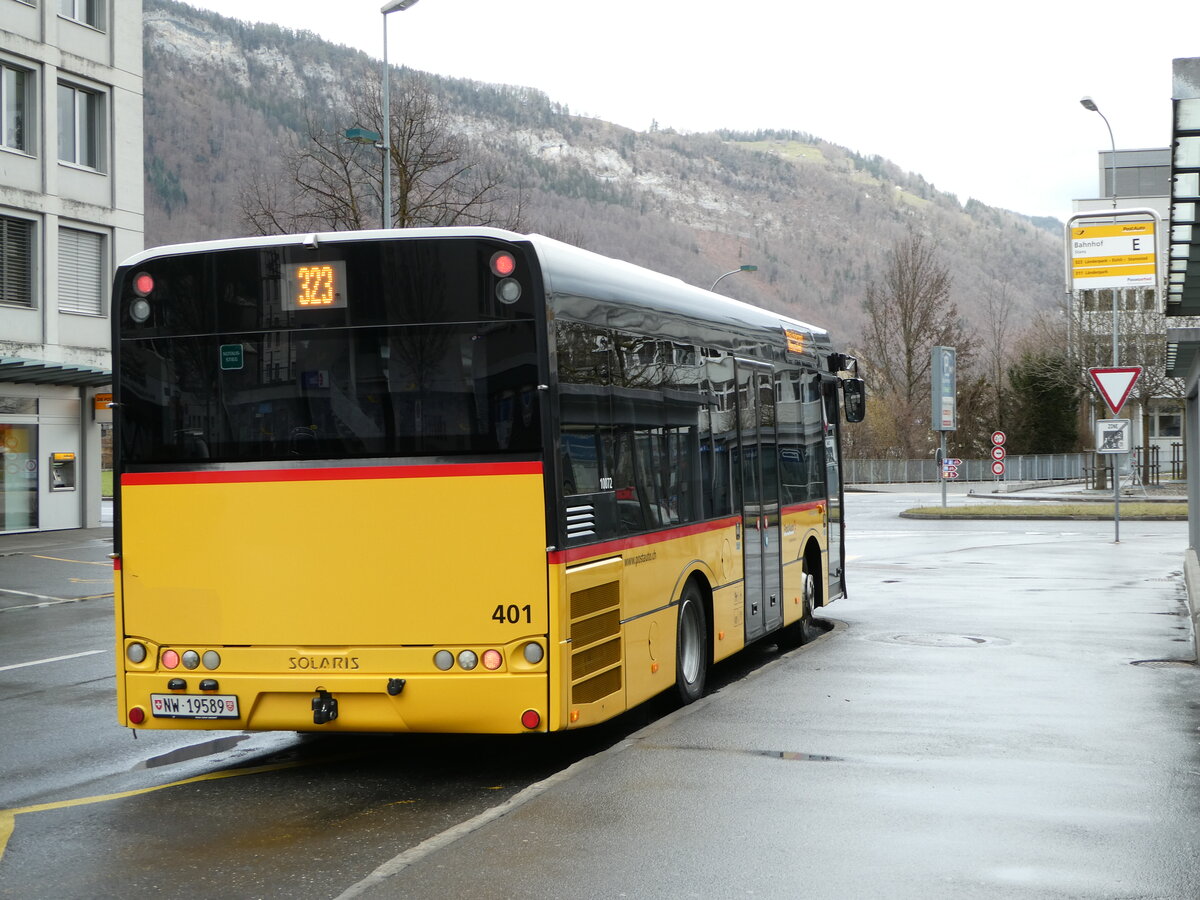 (247'127) - PostAuto Zentralschweiz - Nr. 401/NW 19'589/PID 10'072 - Solaris (ex Nr. 20; ex PostAuto Bern Nr. 14; ex Klopfstein, Laupen Nr. 14) am 10. Mrz 2023 beim Bahnhof Stans