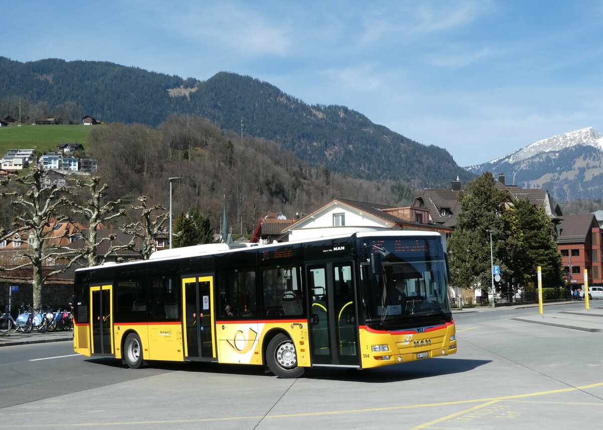 (247'414) - PostAuto Zentralschweiz - Nr. 504/OW 10'004/PID 10'777 - MAN (ex Nr. 10; ex Dillier, Sarnen Nr. 10) am 18. Mrz 2023 beim Bahnhof Sarnen