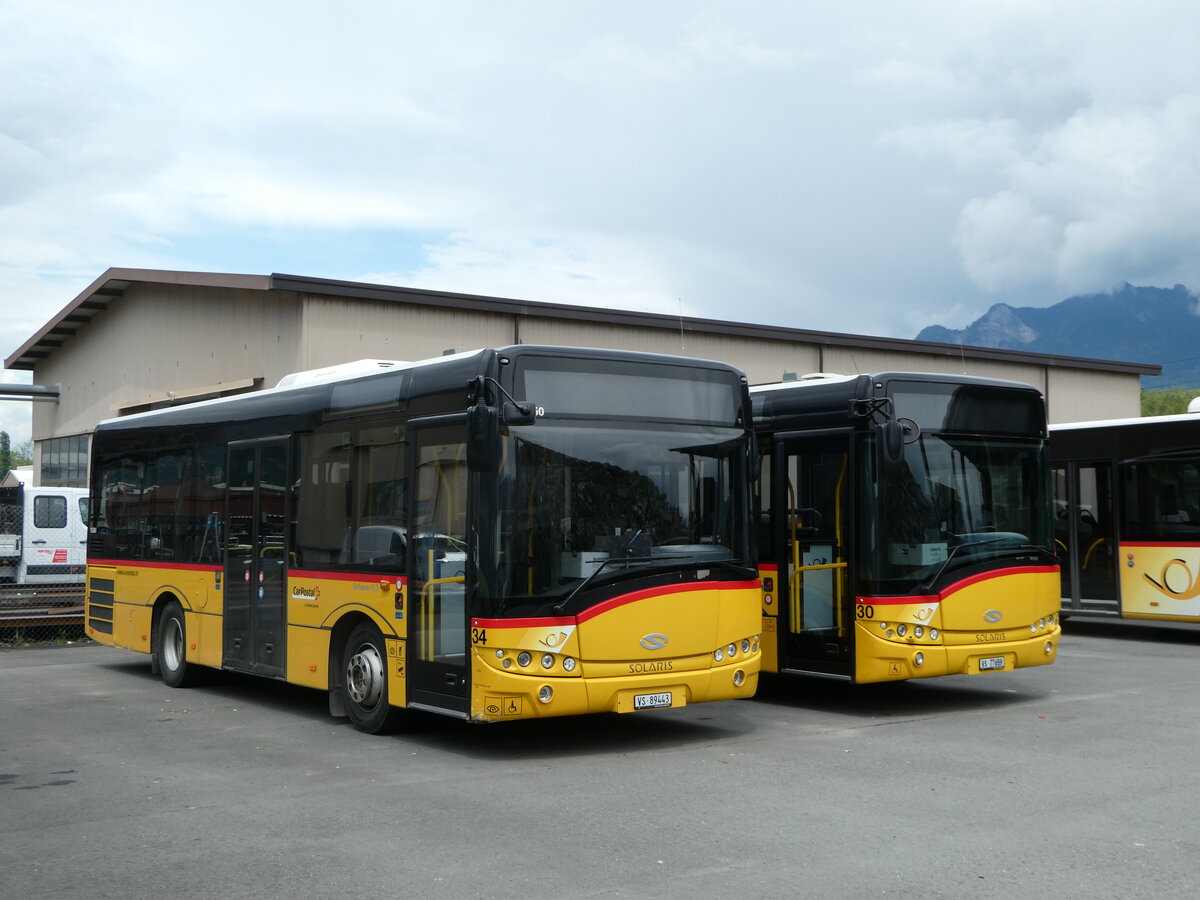 (249'986) - MOB Montreux - Nr. 34/VS 89'443/PID 10'360 - Solaris (ex CarPostal Ouest) am 13. Mai 2023 in Collombey, Garage TPC