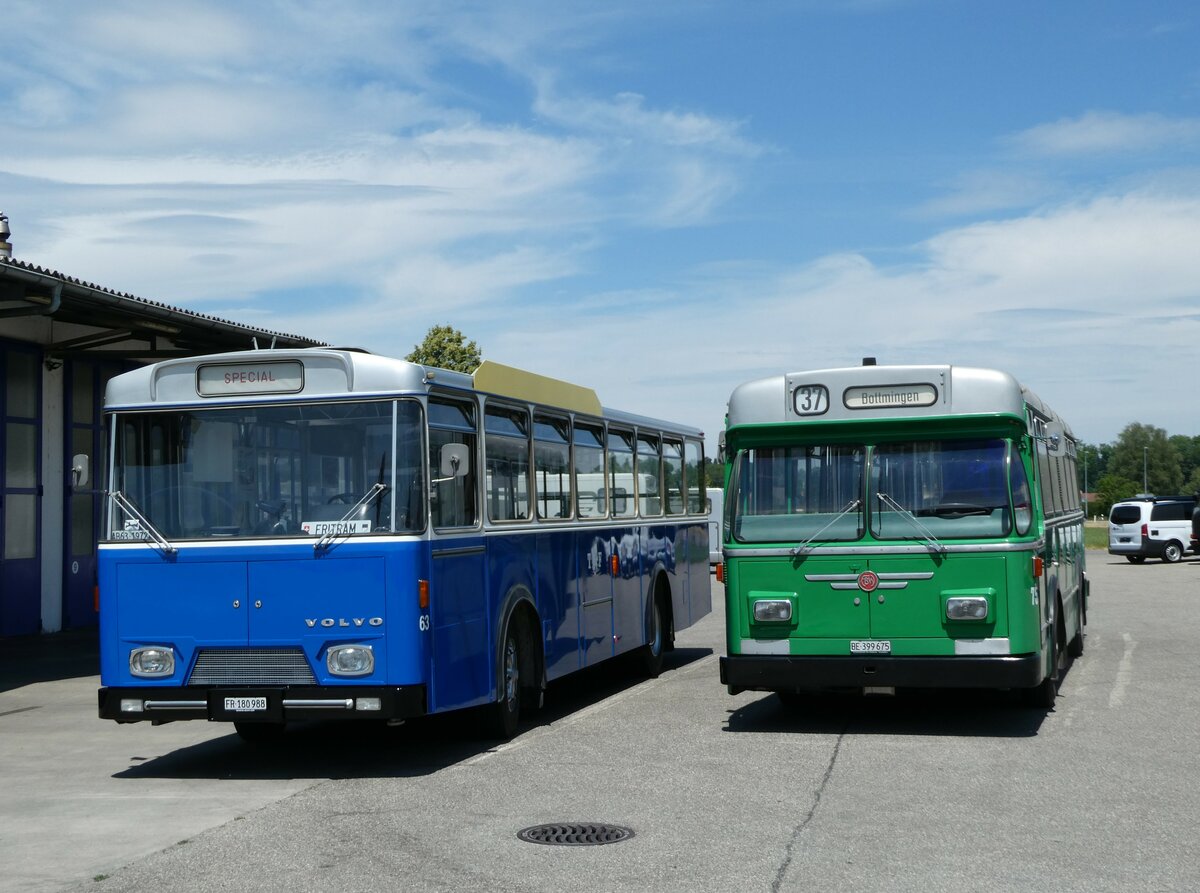 (251'740) - TF Fribourg (CTF) - Nr. 63/FR 180'988 - Volvo/Hess (ex TPF Fribourg Nr. 63; ex TF Fribourg Nr. 63) + BVB Basel (RWB) - Nr. 75/BE 399'675 - FBW/FHS am 18. Juni 2023 in Lyssach, Lorenz