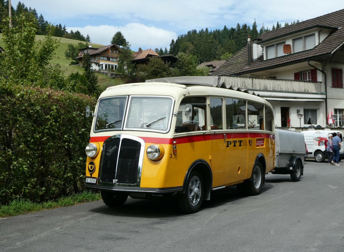 (253'547) - Schmid, Thrishaus - Nr. 3/BE 26'760 - Saurer/Gangloff (ex Geiger, Adelboden Nr. 3) am 9. August 2023 in Rinderbach, Rest. zur Sge