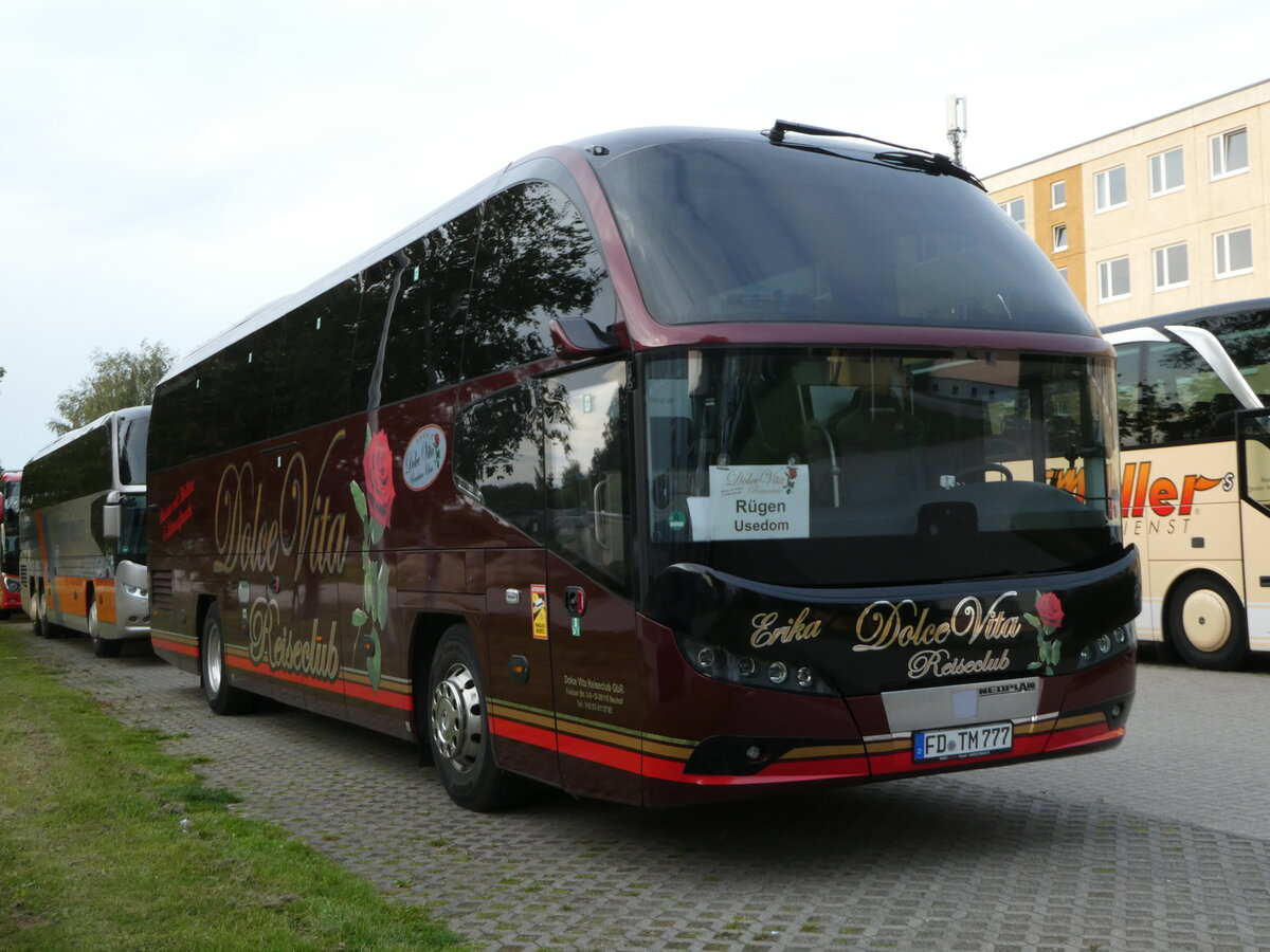 (254'405) - Dolce Vita Reiseclub, Neuhof - FD-TM 777 - Neoplan am 30. August 2023 in Greifswald, Parkplatz