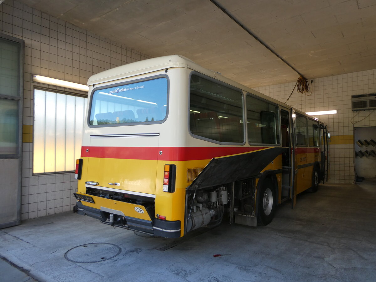 (254'864) - Gaudenz, Andeer - PID 2824 - Saurer/R&J (ex Mark, Andeer; ex PostAuto Graubnden; ex P 24'350) am 8. September 2023 in Andeer, Garage