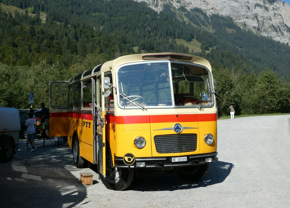 (255'055) - Schmid, Thrishaus - Nr. 9/BE 26'105 - Saurer/R&J (ex Geiger, Adelboden Nr. 9) am 10. September 2023 in Kiental, Tschingelsee