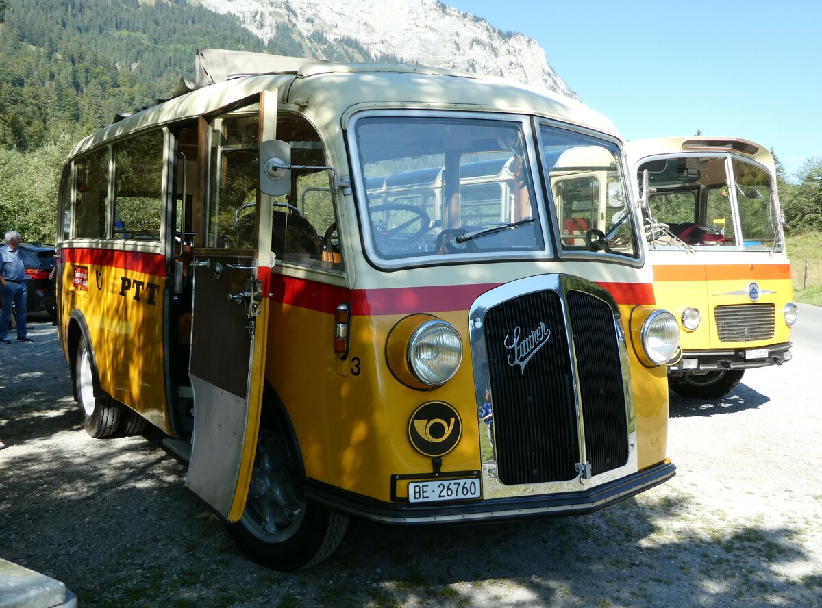 (255'057) - Schmid, Thrishaus - Nr. 3/BE 26'760 - Saurer/Gangloff (ex Geiger, Adelboden Nr. 3) am 10. September 2023 in Kiental, Tschingelsee