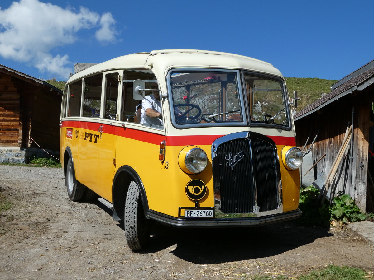 (255'082) - Schmid, Thrishaus - Nr. 3/BE 26'760 - Saurer/Gangloff (ex Geiger, Adelboden Nr. 3) am 10. September 2023 auf der Bundalp