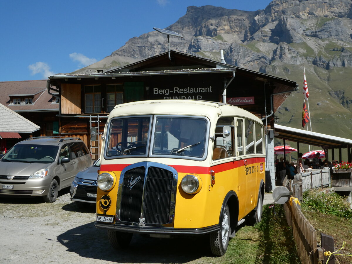 (255'107) - Schmid, Thrishaus - Nr. 3/BE 26'760 - Saurer/Gangloff (ex Geiger, Adelboden Nr. 3) am 10. September 2023 auf der Bundalp