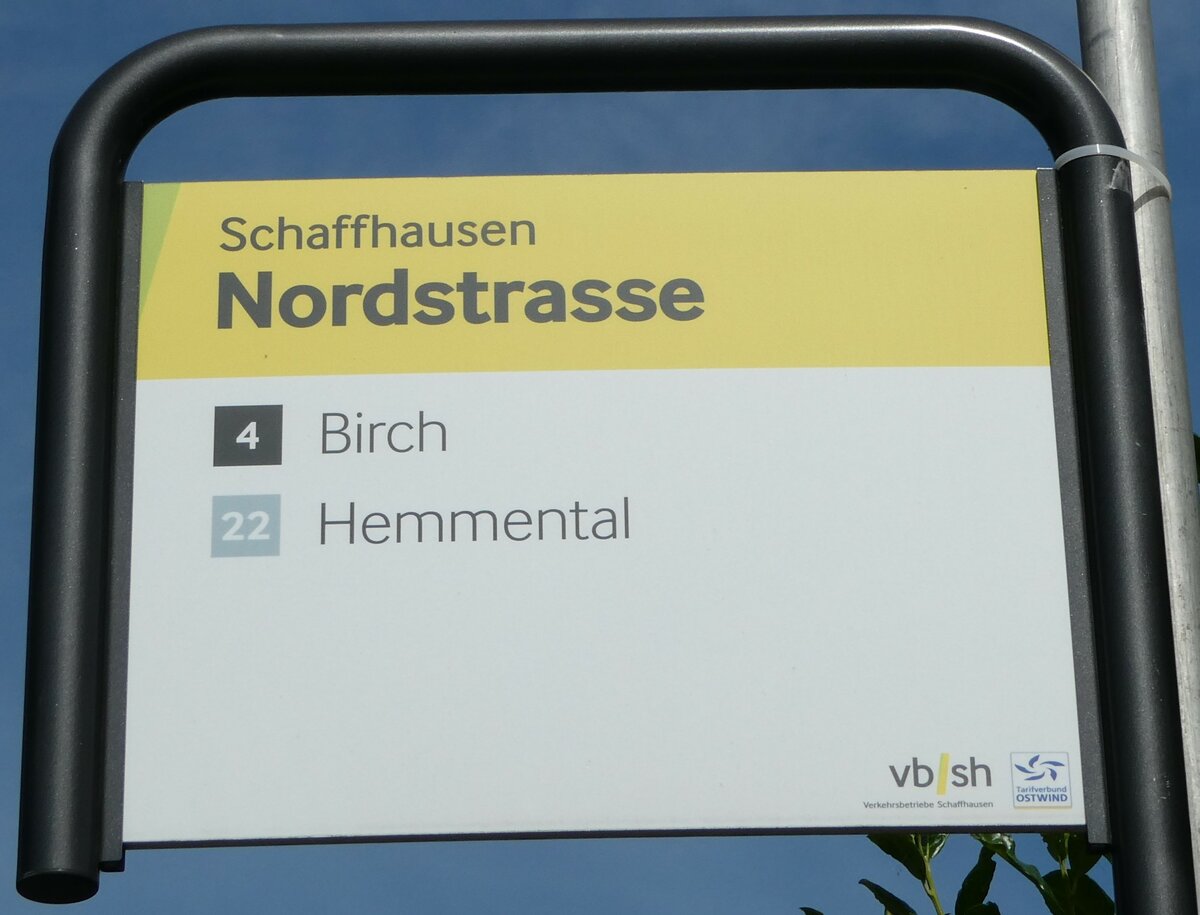 (255'292) - VB/SH-Haltestellenschild - Schaffhausen, Nordstrasse - am 17. September 2023