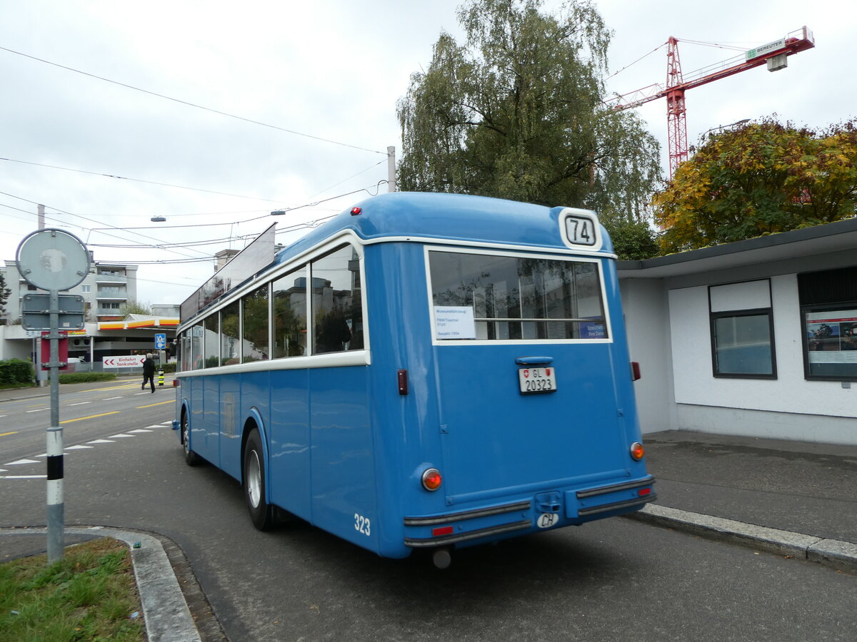 (256'327) - Biegger, Uster - Nr. 3/GL 20'323 - FBW/Tscher (ex DFB Andermatt; ex VBZ Zrich Nr. 323) am 21. Oktober 2023 in Zrich, Hungerbergstrasse 