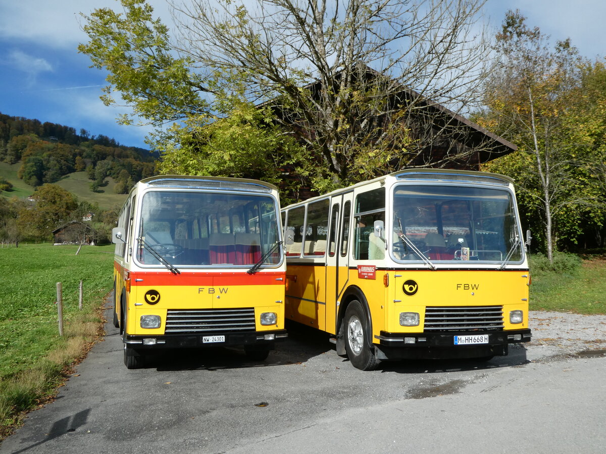 (256'491) - Lambach, Gommiswald - NW 24'301 - FBW/Eggli (ex Tanner+Lambach, Reigoldswil; ex Lambach, Rieden; ex Meier, Grt, ex AVG Grindelwald Nr. 13; ex P 24'182) + aus Deutschland: Hahn, Mnchen - M-HH 668H - FBW/FHS (ex Michels, Schmallenberg; ex FRAM Drachten/NL Nr. 5; ex P 24'184) am 28. Oktober 2023 in Giswil, Grossteilstrasse (Teilaufnahme)